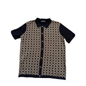 PJ PAUL JONES Mens Retro Style Geometric Short Sleeve Button Down Polo Shirt Lg